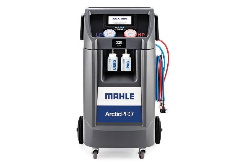 Mahle ArcticPRO ACX320 R134A Air conditioning Service Machine with dual pressure gauges, hose connectors, and fluid containers for workshop use.