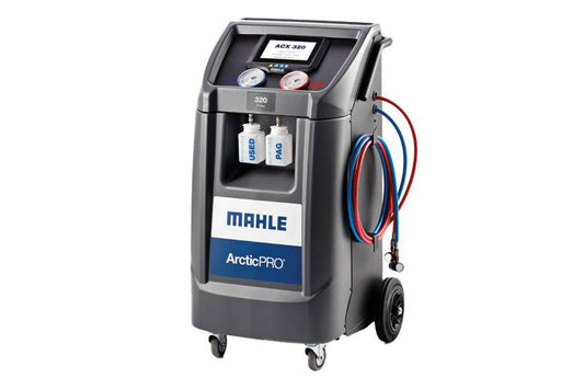 Mahle ArcticPRO ACX320 R134A air conditioning service machine with dual gauges, hose connectors, and labeled fluid containers for workshop use.