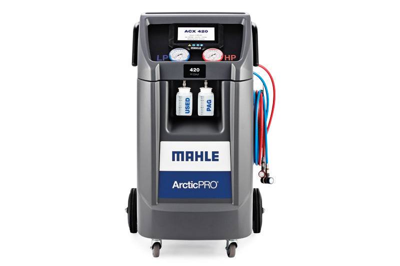 MAHLE ArcticPRO ACX420 R1234YF Aircon Machine for vehicle A/C service with dual gauges, USB and PAG oil bottles, and color-coded hoses.