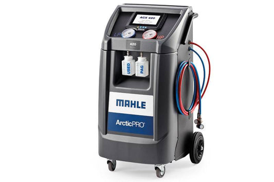 MAHLE ArcticPRO ACX420 R1234YF Aircon Machine with dual gauges, hose connectors, and filter bottles for vehicle A/C servicing in workshops.