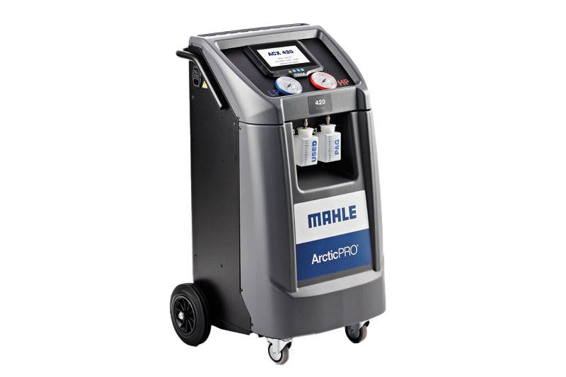 MAHLE ArcticPRO ACX420 R1234YF Aircon Machine for vehicle A/C service, featuring dual gauges, filter driers, and a compact wheeled design.