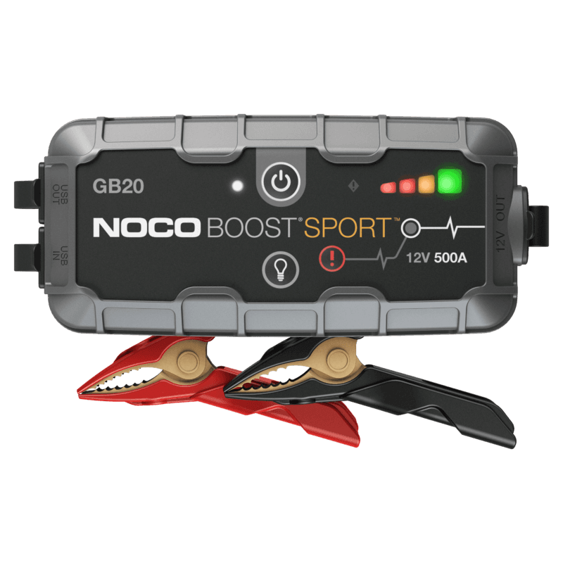 NOCO Jump Starter GB20 Boost Sport 12V 500A with LED indicators and heavy-duty clamps for petrol engines up to 4L. Compact lithium battery jump starter.
