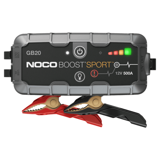 NOCO Jump Starter GB20 Boost Sport 12V 500A with LED indicators and heavy-duty clamps for petrol engines up to 4L. Compact lithium battery jump starter.