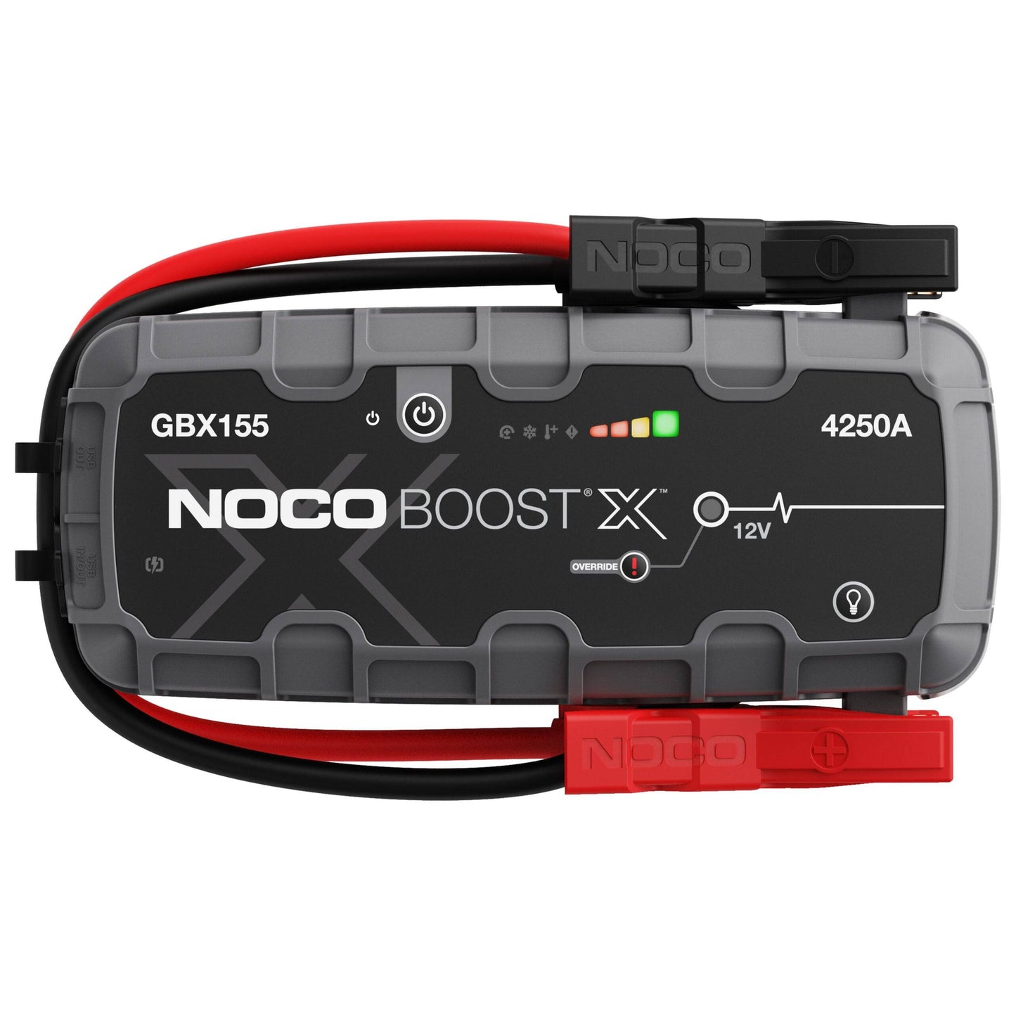 Noco Boost X GBX155 Extreme Power Ultrasafe Jump Starter 4250A with rugged casing and heavy-duty clamps for 12V batteries in cars, trucks, and boats.