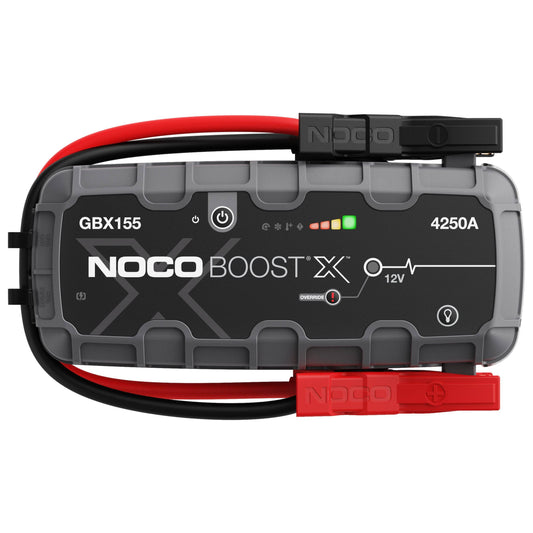 Noco Boost X GBX155 Extreme Power Ultrasafe Jump Starter 4250A with rugged casing and heavy-duty clamps for 12V batteries in cars, trucks, and boats.