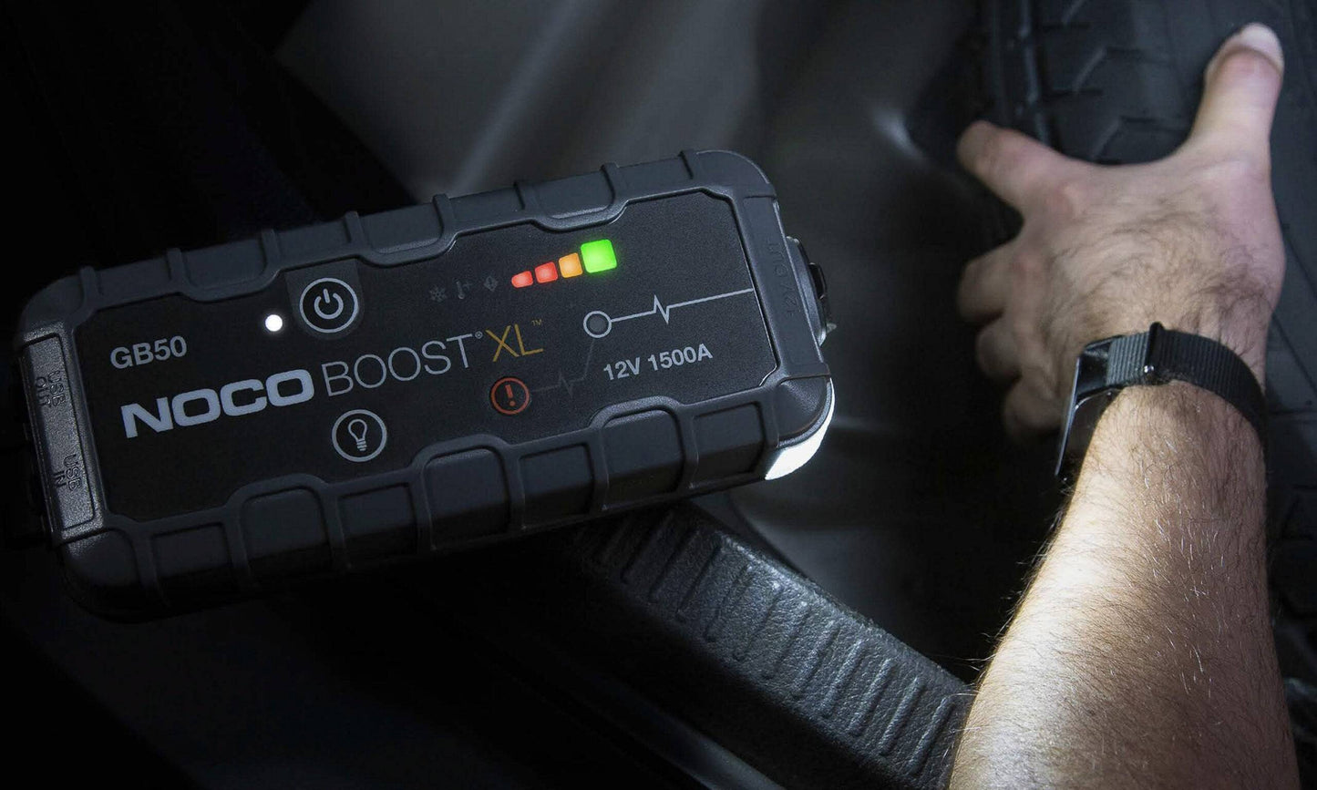 Noco GB50 Boost XL 12V 1500A Jump Starter showing the very useful built in torch.