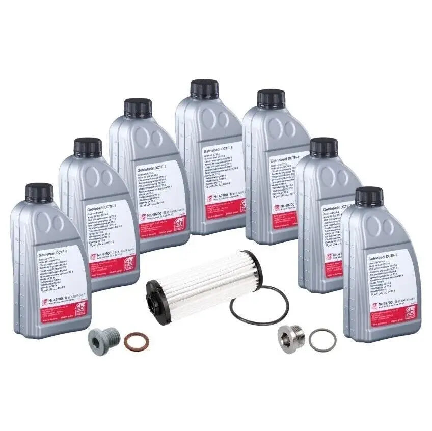 FEBI Transmission Oil and Filter Service Kit – 188364 with 7 bottles of transmission fluid, filter, seals, and drain plugs for VW DQ381 & Audi 0GC gearboxes.