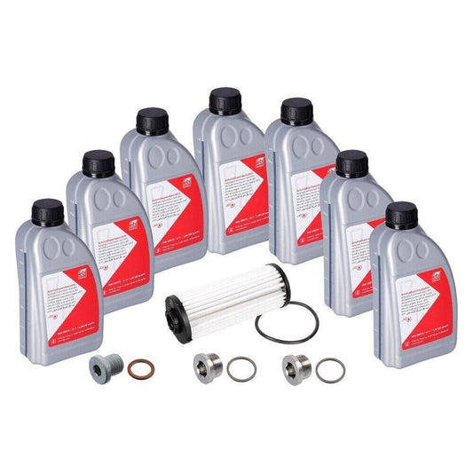 Febi 188364 Gearbox Transmission Oil & Filter Service Kit with 7 bottles of transmission fluid, filter, seals, and O-rings for VW DQ381 & Audi 0GC.
