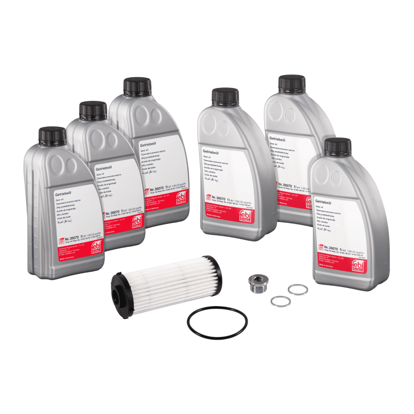 Febi 171772 automatic transmission oil change kit for VW Audi DSG gearbox includes 6 gear oil bottles, filter, seals, and O-rings for service.