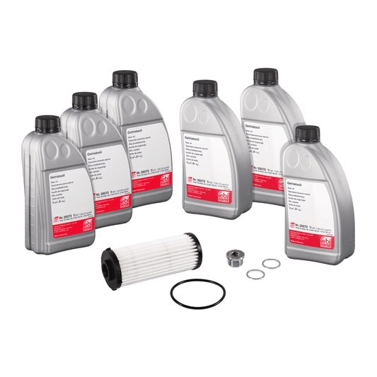 Febi 171772 automatic transmission oil change kit for VW Audi DSG gearbox includes 6 gear oil bottles, filter, seals, and O-rings for service.