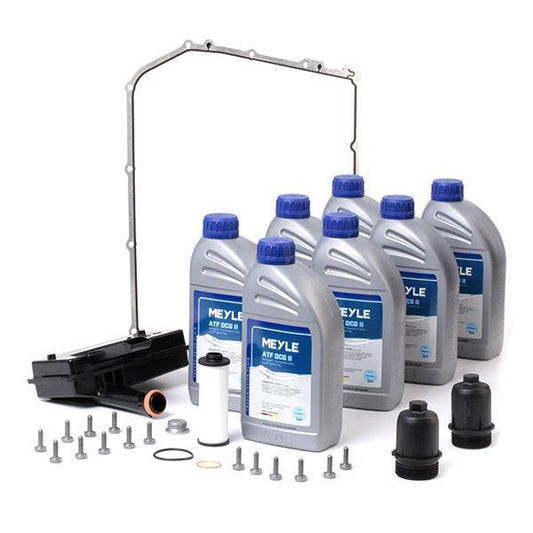 Meyle 7 Speed Audi Automatic Transmission service Change Kit 1001350114 with 7 ATF DCT oil bottles, filter, gasket, bolts, and seals for complete transmission service.