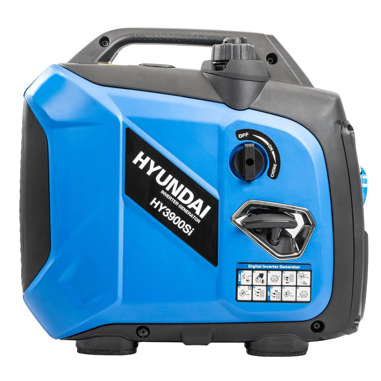 Hyundai HY3900Si 3.3kW 3300W Petrol Inverter Generator side view showing pull start and on/off choke switch