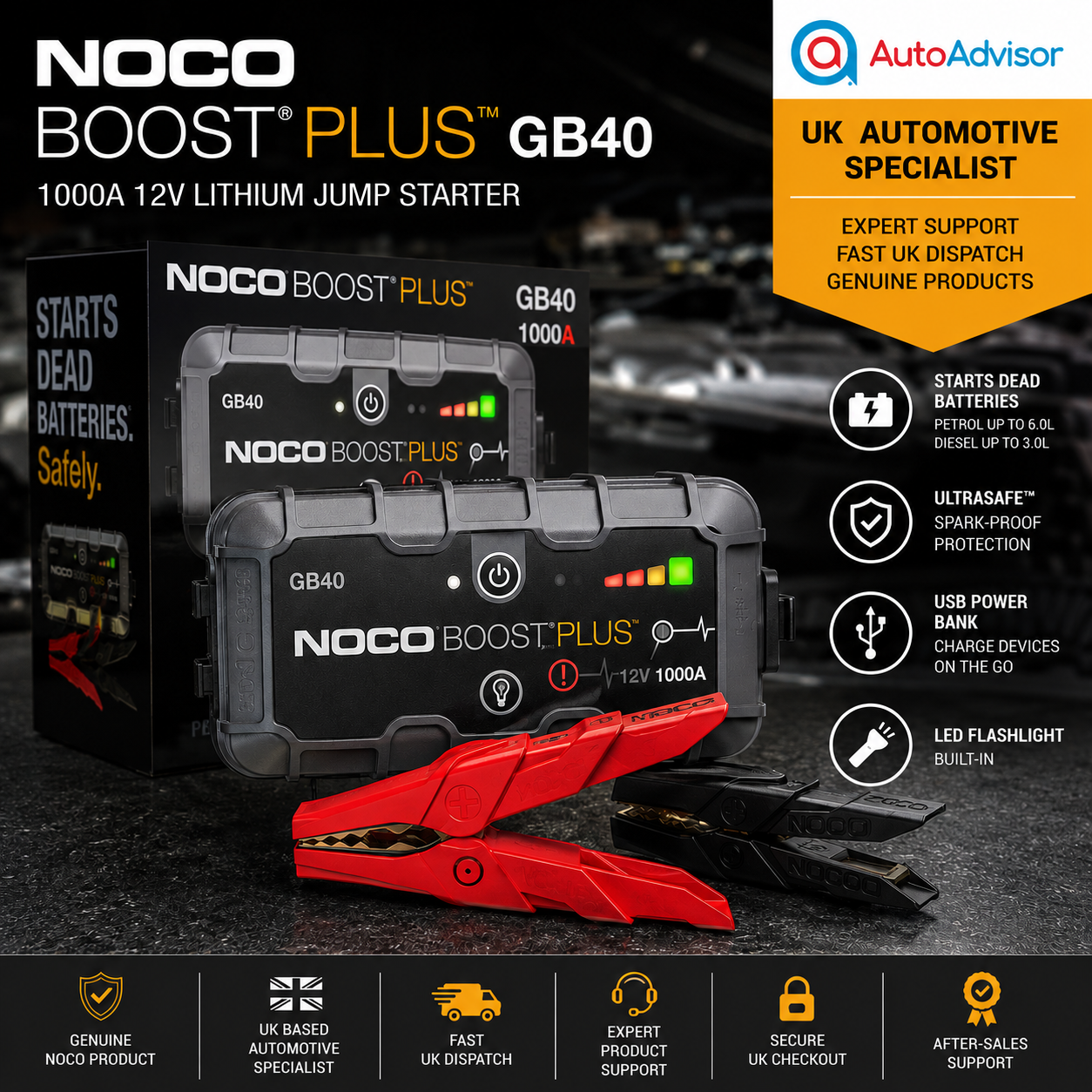 Noco GB40 Boost Plus 12V 1000A lithium car jump starter with usb power bank