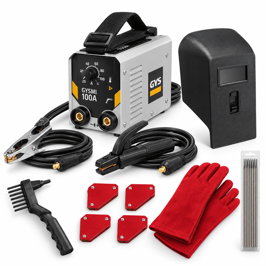 GYS GYSMI 100A MMA arc welding starter kit with inverter welder, welding leads, face shield, leather gauntlets, electrodes, and magnetic positioners
