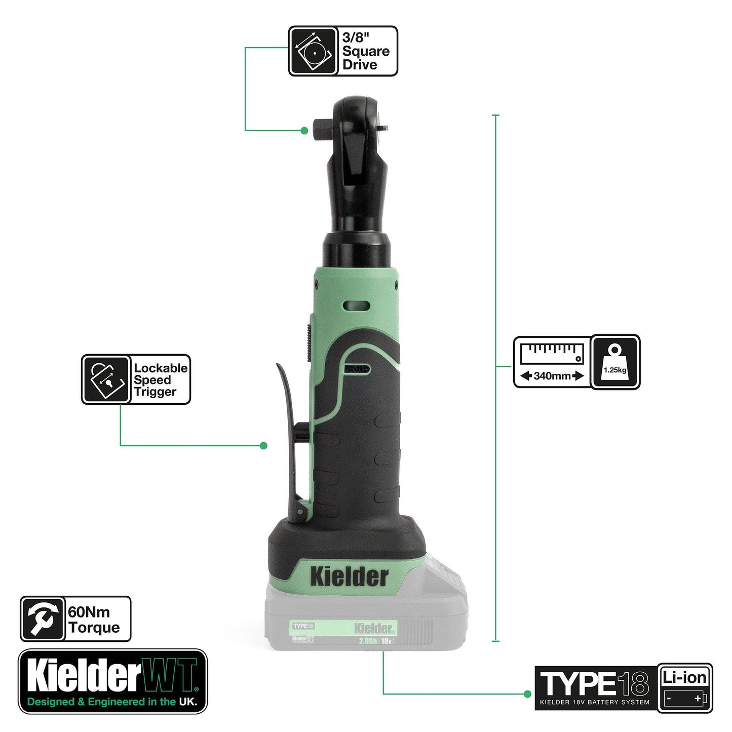 Kielder 3/8'' 18V Lightweight 60nm 1.25kg Electric Ratchet (Bare Unit)