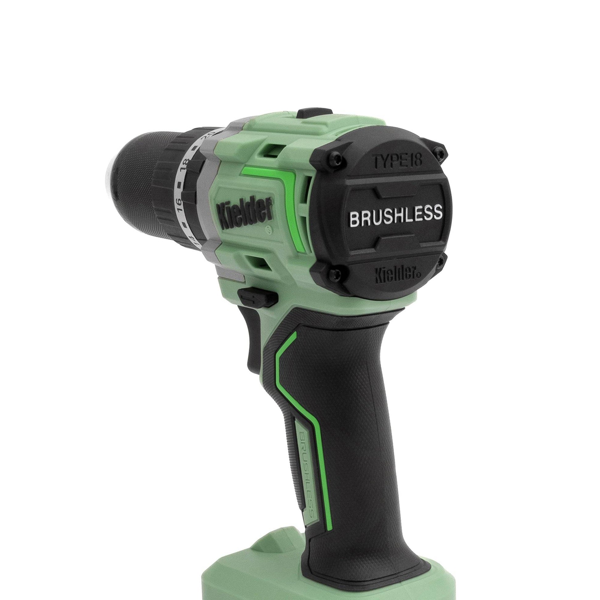 Kielder KWT-020 brushless 18V combi drill with green and black design, compact and lightweight 
