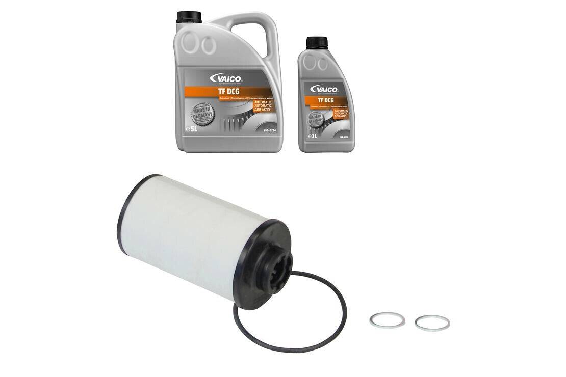 VW Automatic Transmission Oil service Kit VAICO V10-3025 includes TF DSG oil, filter, seals, and O-rings for DQ250 6-speed dual-clutch gearboxes.