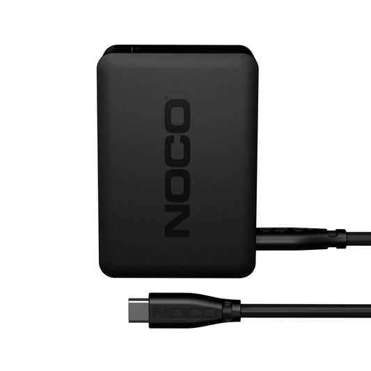 Noco Boost X U65 Charger 65W USB-C with black compact design and USB-C cable, ideal for recharging NOCO Boost X Lithium Jump Starters quickly.